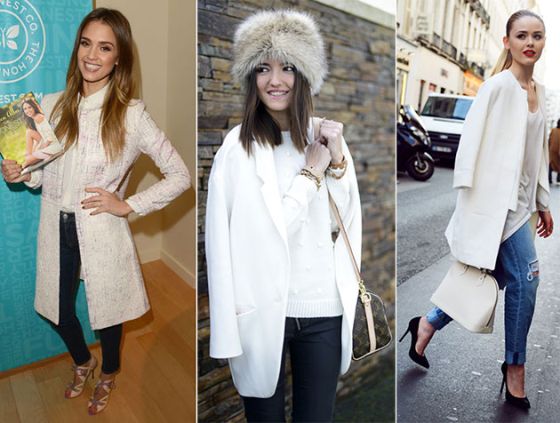 Wearing a white coat with jeans casual style